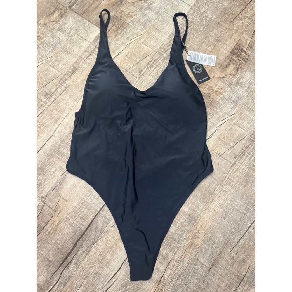 Relleciga Black One Piece Swimsuit Deep V-Neck High Cut Thong 2XL